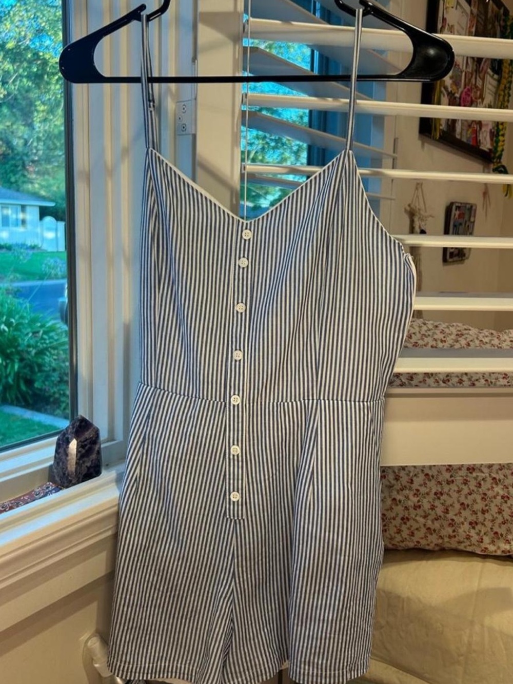 English Factory Blue and White Striped Spaghetti-Strap Romper Dress